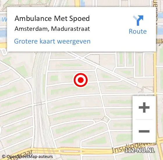 Locatie op kaart van de 112 melding: Ambulance Met Spoed Naar Amsterdam, Madurastraat op 14 februari 2024 20:38