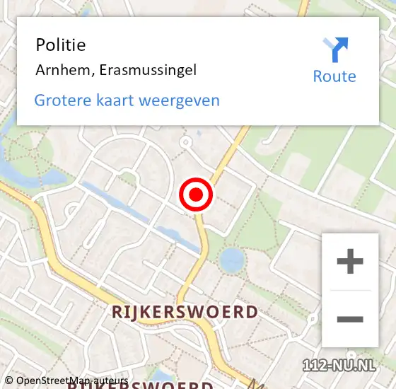 Locatie op kaart van de 112 melding: Politie Arnhem, Erasmussingel op 14 februari 2024 20:58