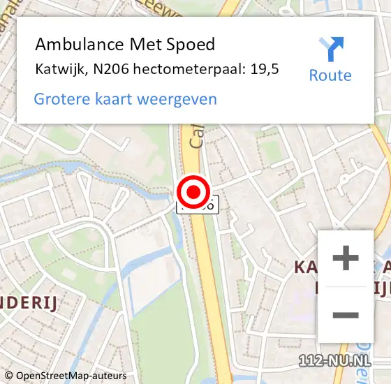 Locatie op kaart van de 112 melding: Ambulance Met Spoed Naar Katwijk, N206 hectometerpaal: 19,5 op 14 februari 2024 21:34