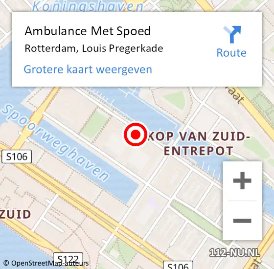 Locatie op kaart van de 112 melding: Ambulance Met Spoed Naar Rotterdam, Louis Pregerkade op 15 februari 2024 08:57