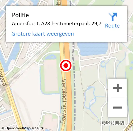 Locatie op kaart van de 112 melding: Politie Amersfoort, A28 hectometerpaal: 29,7 op 15 februari 2024 09:31