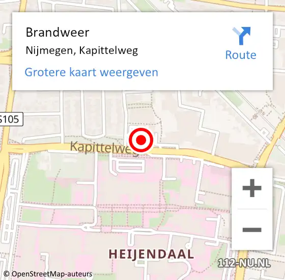 Locatie op kaart van de 112 melding: Brandweer Nijmegen, Kapittelweg op 15 februari 2024 09:54