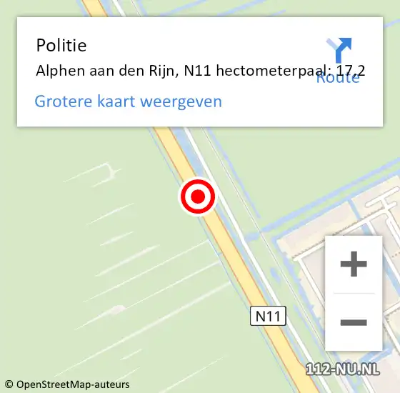 Locatie op kaart van de 112 melding: Politie Alphen aan den Rijn, N11 hectometerpaal: 17,2 op 15 februari 2024 10:42