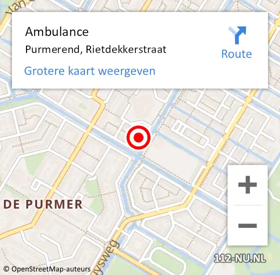 Locatie op kaart van de 112 melding: Ambulance Purmerend, Rietdekkerstraat op 15 februari 2024 21:42