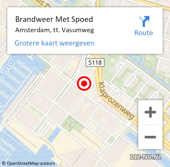 Locatie op kaart van de 112 melding: Brandweer Met Spoed Naar Amsterdam, tt. Vasumweg op 15 februari 2024 22:46