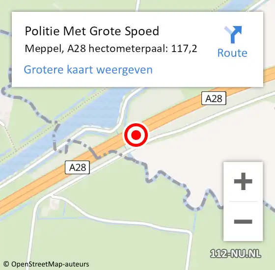 Locatie op kaart van de 112 melding: Politie Met Grote Spoed Naar Meppel, A28 hectometerpaal: 117,2 op 16 februari 2024 05:54