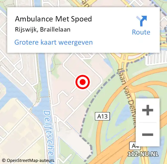 Locatie op kaart van de 112 melding: Ambulance Met Spoed Naar Rijswijk, Braillelaan op 16 februari 2024 16:04