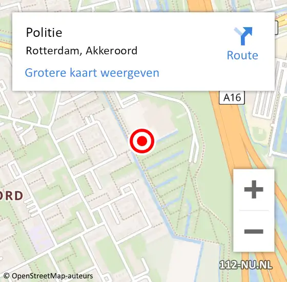 Locatie op kaart van de 112 melding: Politie Rotterdam, Akkeroord op 16 februari 2024 22:10