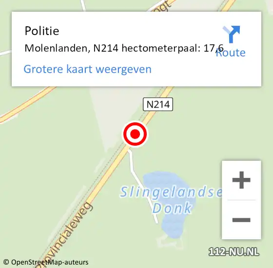 Locatie op kaart van de 112 melding: Politie Molenlanden, N214 hectometerpaal: 17,6 op 17 februari 2024 13:49