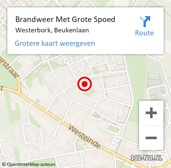 Locatie op kaart van de 112 melding: Brandweer Met Grote Spoed Naar Westerbork, Beukenlaan op 17 februari 2024 16:21