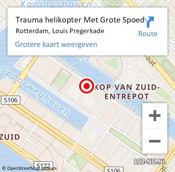 Locatie op kaart van de 112 melding: Trauma helikopter Met Grote Spoed Naar Rotterdam, Louis Pregerkade op 17 februari 2024 21:53