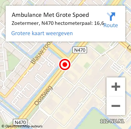 Locatie op kaart van de 112 melding: Ambulance Met Grote Spoed Naar Zoetermeer, N470 hectometerpaal: 16,6 op 18 februari 2024 13:58