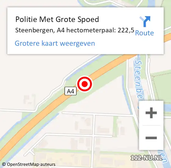 Locatie op kaart van de 112 melding: Politie Met Grote Spoed Naar Steenbergen, A4 hectometerpaal: 222,5 op 18 februari 2024 17:27