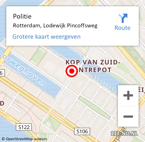 Locatie op kaart van de 112 melding: Politie Rotterdam, Lodewijk Pincoffsweg op 18 februari 2024 22:31