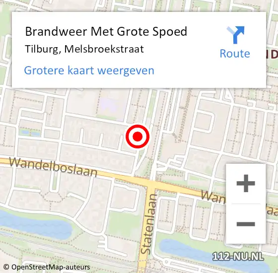 Locatie op kaart van de 112 melding: Brandweer Met Grote Spoed Naar Tilburg, Melsbroekstraat op 19 februari 2024 12:18