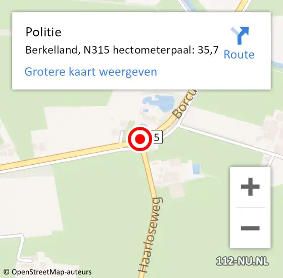 Locatie op kaart van de 112 melding: Politie Berkelland, N315 hectometerpaal: 35,7 op 19 februari 2024 13:00