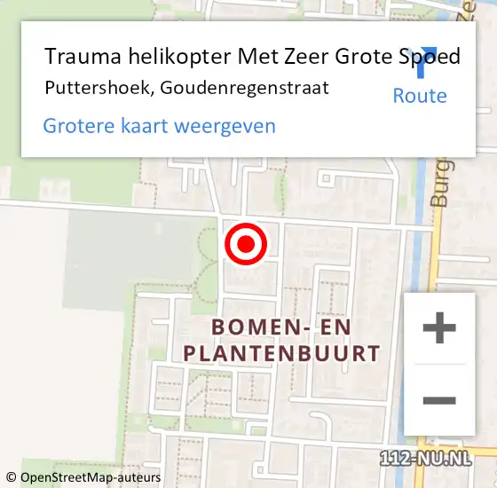 Locatie op kaart van de 112 melding: Trauma helikopter Met Zeer Grote Spoed Naar Puttershoek, Goudenregenstraat op 19 februari 2024 15:01