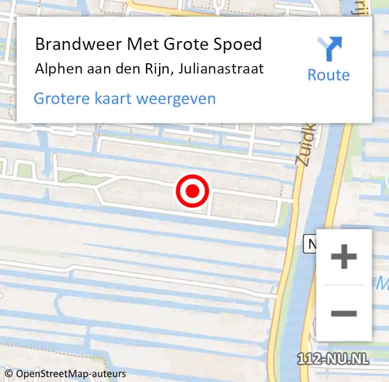 Locatie op kaart van de 112 melding: Brandweer Met Grote Spoed Naar Alphen aan den Rijn, Julianastraat op 19 februari 2024 15:56