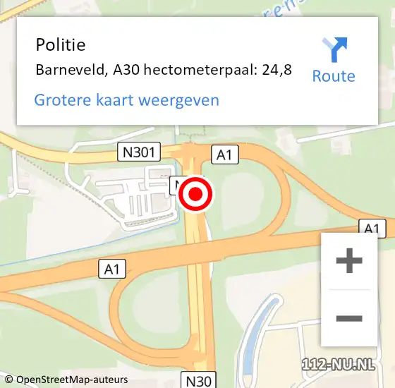 Locatie op kaart van de 112 melding: Politie Barneveld, A30 hectometerpaal: 24,8 op 19 februari 2024 19:56