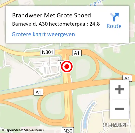 Locatie op kaart van de 112 melding: Brandweer Met Grote Spoed Naar Barneveld, A30 hectometerpaal: 24,8 op 19 februari 2024 19:59