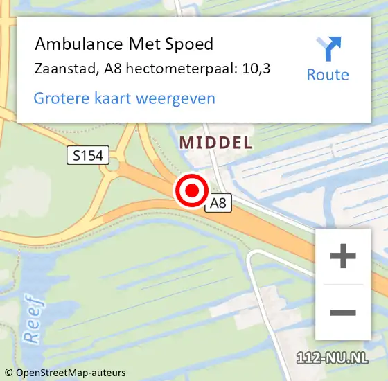 Locatie op kaart van de 112 melding: Ambulance Met Spoed Naar Zaanstad, A8 hectometerpaal: 10,3 op 20 februari 2024 11:19