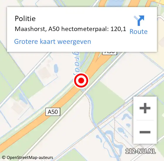 Locatie op kaart van de 112 melding: Politie Maashorst, A50 hectometerpaal: 120,1 op 20 februari 2024 16:04