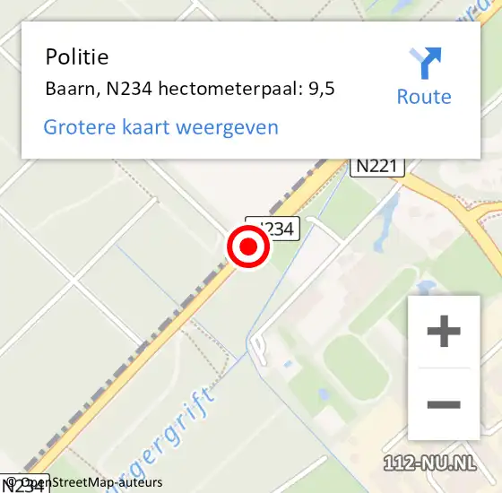 Locatie op kaart van de 112 melding: Politie Baarn, N234 hectometerpaal: 9,5 op 20 februari 2024 17:01