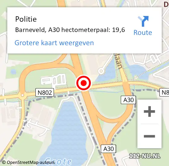 Locatie op kaart van de 112 melding: Politie Barneveld, A30 hectometerpaal: 19,6 op 21 februari 2024 11:18
