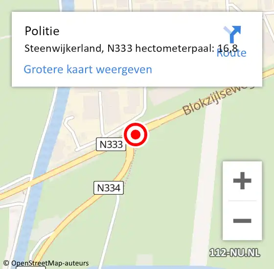 Locatie op kaart van de 112 melding: Politie Steenwijkerland, N333 hectometerpaal: 16,8 op 21 februari 2024 14:58