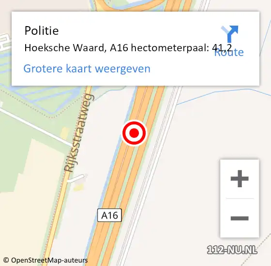 Locatie op kaart van de 112 melding: Politie Hoeksche Waard, A16 hectometerpaal: 41,2 op 21 februari 2024 15:46