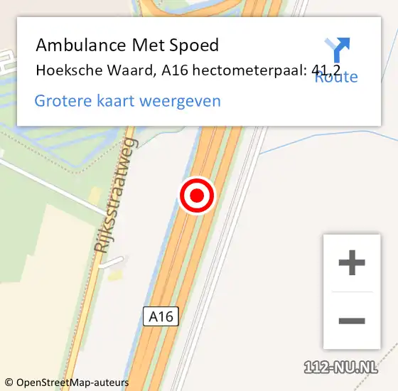 Locatie op kaart van de 112 melding: Ambulance Met Spoed Naar Hoeksche Waard, A16 hectometerpaal: 41,2 op 21 februari 2024 15:50