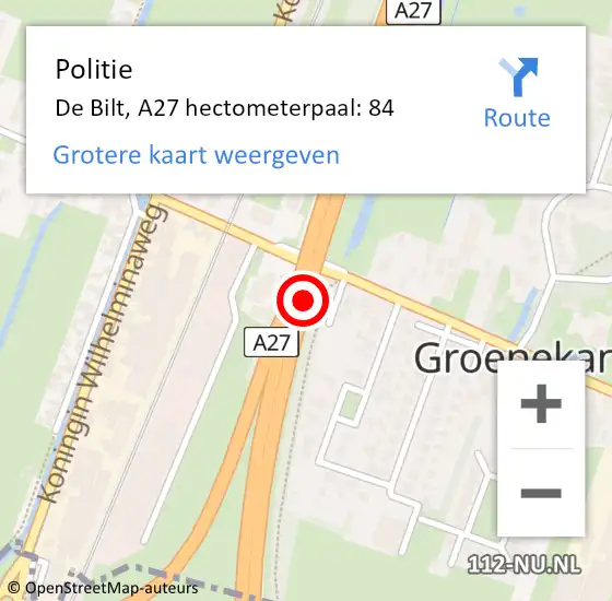 Locatie op kaart van de 112 melding: Politie De Bilt, A27 hectometerpaal: 84 op 21 februari 2024 17:45