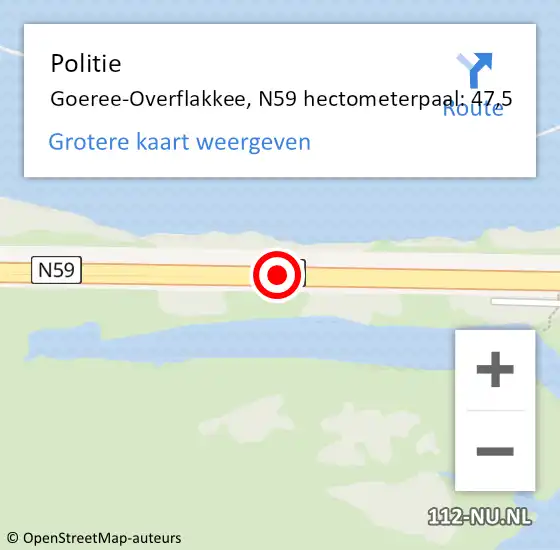 Locatie op kaart van de 112 melding: Politie Goeree-Overflakkee, N59 hectometerpaal: 47,5 op 21 februari 2024 20:57