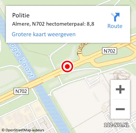 Locatie op kaart van de 112 melding: Politie Almere, N702 hectometerpaal: 8,8 op 22 februari 2024 05:47