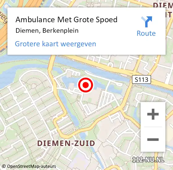 Locatie op kaart van de 112 melding: Ambulance Met Grote Spoed Naar Diemen, Berkenplein op 22 februari 2024 12:12