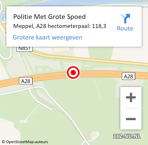 Locatie op kaart van de 112 melding: Politie Met Grote Spoed Naar Meppel, A28 hectometerpaal: 118,3 op 22 februari 2024 14:49