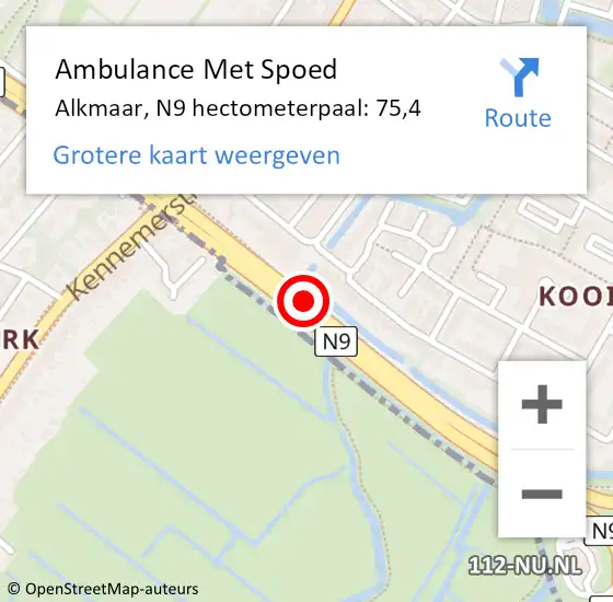 Locatie op kaart van de 112 melding: Ambulance Met Spoed Naar Alkmaar, N9 hectometerpaal: 75,4 op 22 februari 2024 16:05