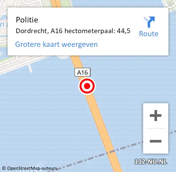 Locatie op kaart van de 112 melding: Politie Hoeksche Waard, A16 hectometerpaal: 44,5 op 22 februari 2024 18:07