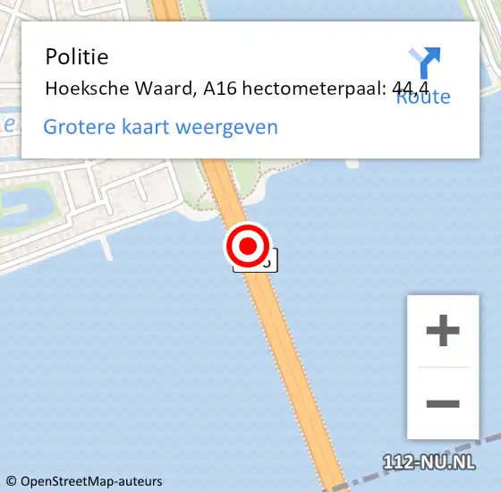 Locatie op kaart van de 112 melding: Politie Hoeksche Waard, A16 hectometerpaal: 44,4 op 22 februari 2024 18:13