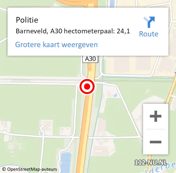 Locatie op kaart van de 112 melding: Politie Barneveld, A30 hectometerpaal: 24,1 op 22 februari 2024 19:00