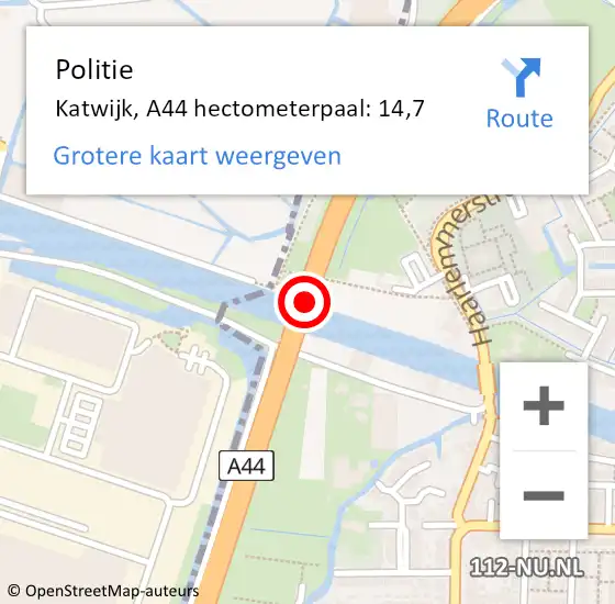 Locatie op kaart van de 112 melding: Politie Katwijk, A44 hectometerpaal: 14,7 op 22 februari 2024 21:35