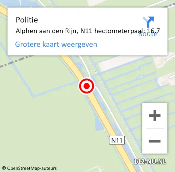 Locatie op kaart van de 112 melding: Politie Alphen aan den Rijn, N11 hectometerpaal: 16,7 op 23 februari 2024 09:05