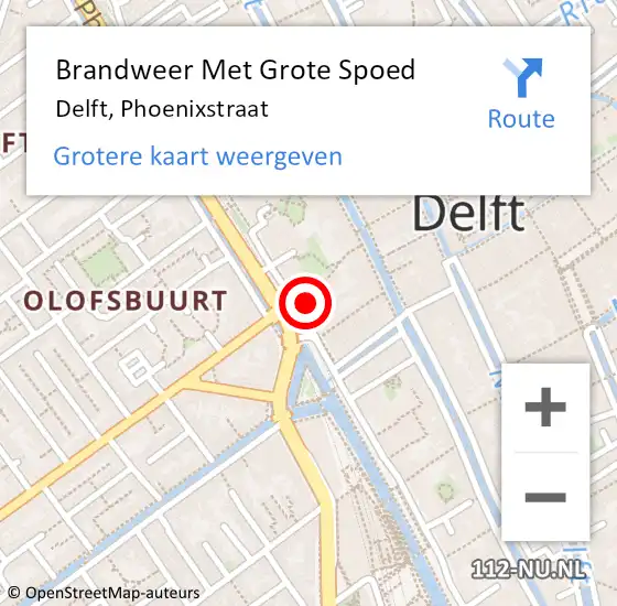 Locatie op kaart van de 112 melding: Brandweer Met Grote Spoed Naar Delft, Phoenixstraat op 23 februari 2024 14:23