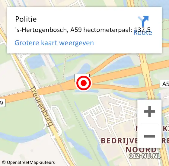 Locatie op kaart van de 112 melding: Politie 's-Hertogenbosch, A59 hectometerpaal: 132,5 op 23 februari 2024 18:31