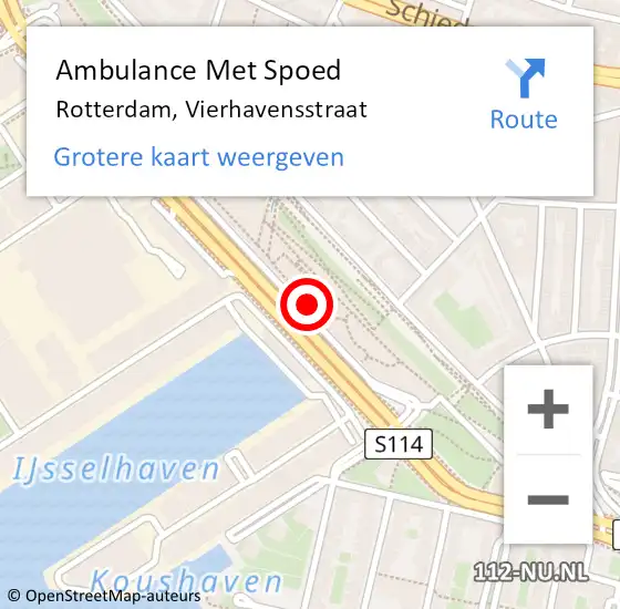 Locatie op kaart van de 112 melding: Ambulance Met Spoed Naar Rotterdam, Vierhavensstraat op 23 februari 2024 18:34