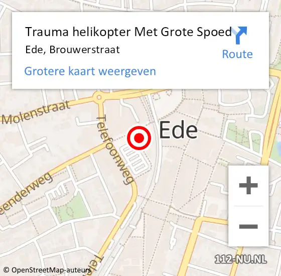 Locatie op kaart van de 112 melding: Trauma helikopter Met Grote Spoed Naar Ede, Brouwerstraat op 24 februari 2024 14:42