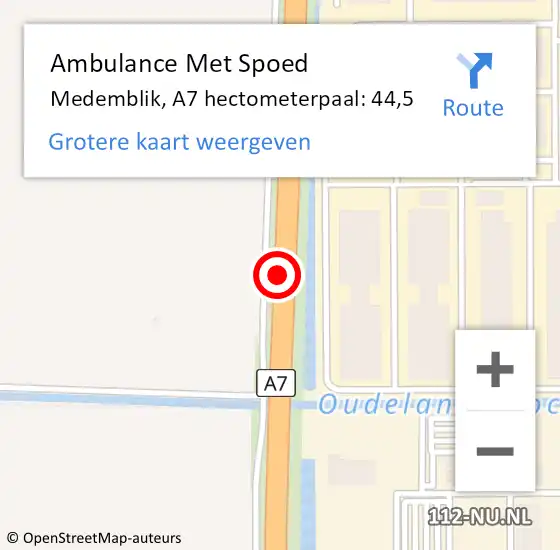 Locatie op kaart van de 112 melding: Ambulance Met Spoed Naar Medemblik, A7 hectometerpaal: 44,5 op 24 februari 2024 16:54