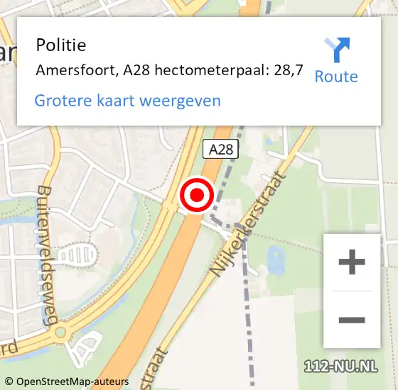 Locatie op kaart van de 112 melding: Politie Amersfoort, A28 hectometerpaal: 28,7 op 24 februari 2024 20:49