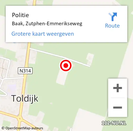 Locatie op kaart van de 112 melding: Politie Baak, Zutphen-Emmerikseweg op 25 februari 2024 05:55