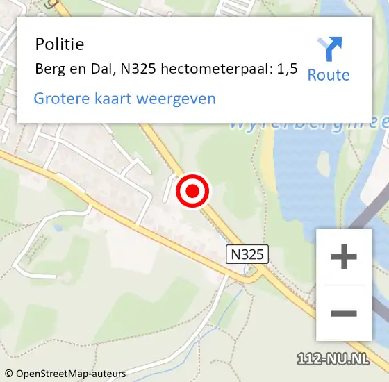 Locatie op kaart van de 112 melding: Politie Berg en Dal, N325 hectometerpaal: 1,5 op 25 februari 2024 07:53
